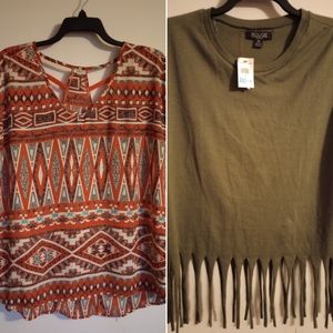 Boho Tops Bundle Olive Green Fringe Top, Red Patterned Top